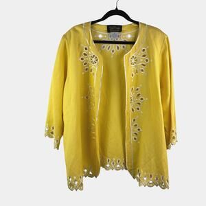 VINTAGE Bob Mackie Linen Jacket 2X – Abstract Yellow Eyelet Wearable Art